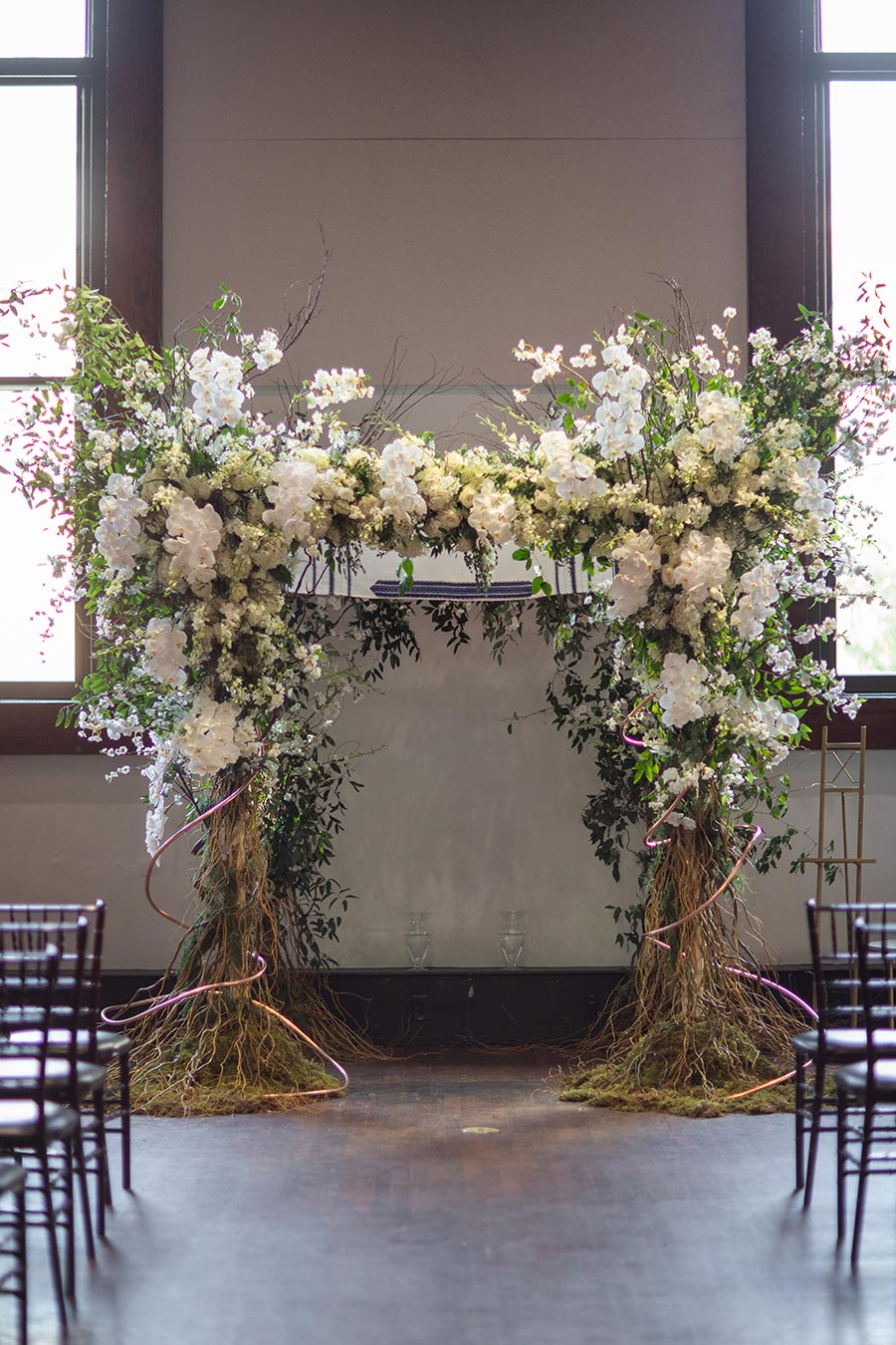 Jewish Ceremony with Whimsical Chuppah of White Flowers, Greenery, Branches, and Moss | Chuppah Inspiration| Natural Wedding Decor Ideas at The Bell Tower Nashville, TN