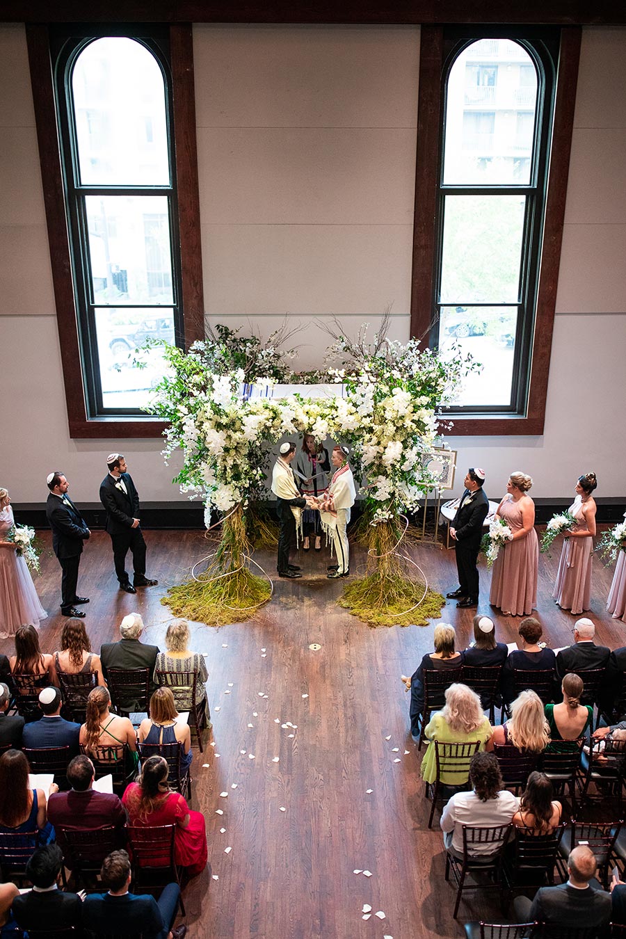 Jewish Ceremony Same-Sex Marriage with Whimsical Chuppah of White Florals, Greenery, Branches, and Moss | Chuppah Inspiration| Wedding Ceremony at The Bell Tower in Nashville, TN