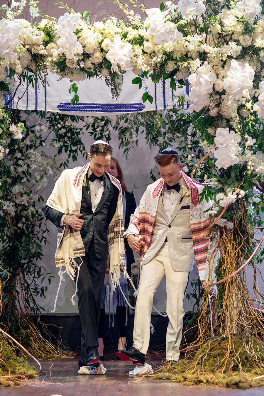 Jewish Ceremony Same-Sex Marriage with Whimsical Chuppah of White Florals, Greenery, Branches, and Moss | Chuppah Inspiration| Wedding Ceremony at The Bell Tower in Nashville, TN
