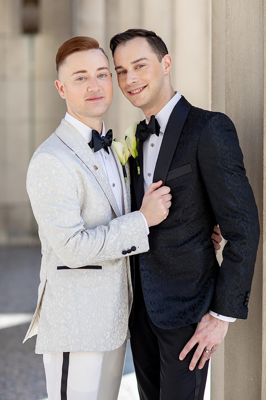 Two Grooms in Grey and Black Tuxedos | Groomsmen in Classic Tuxes and | Gay Wedding in Downtown Nashville
