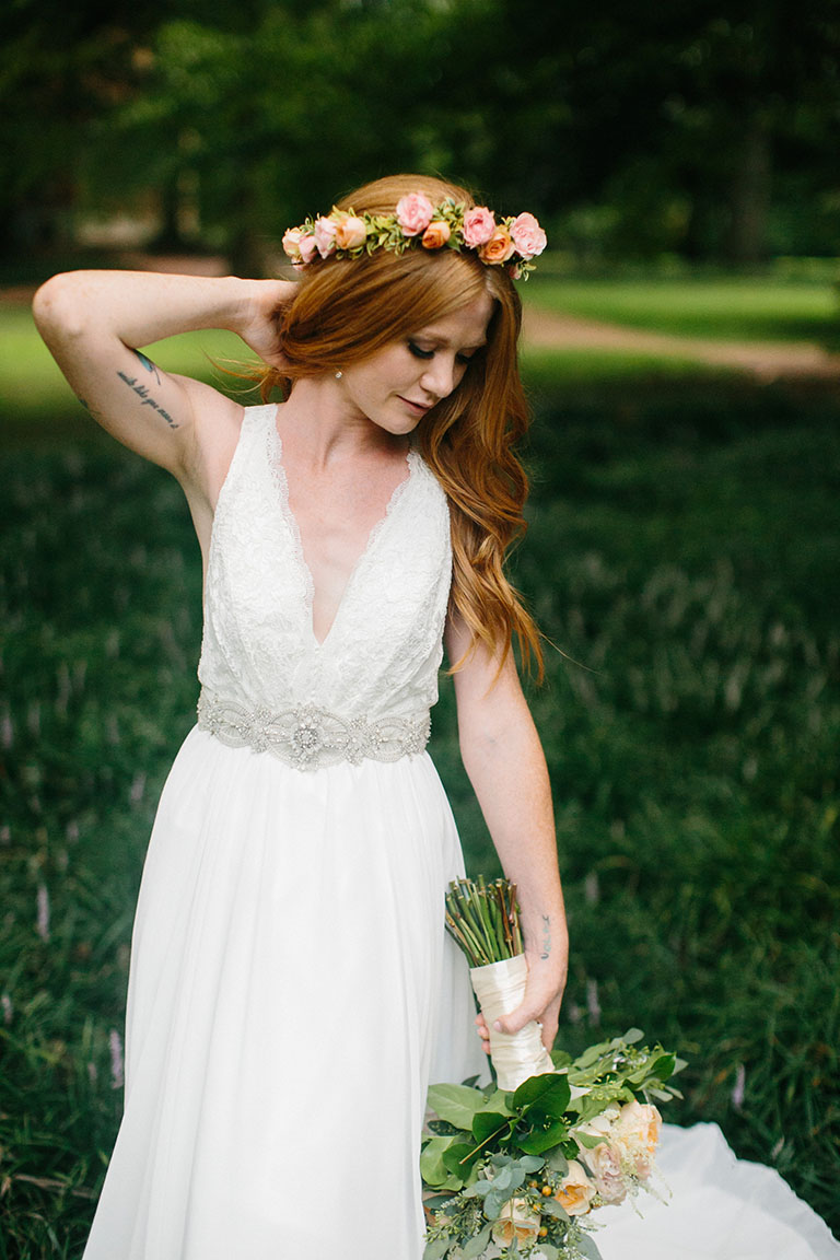 boho bride with flower crown and hand-tied bouquet
