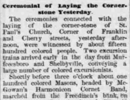 Nashville Union American Newspaper clipping detailing St. Paul's Church laying of the cornerstone in 1874